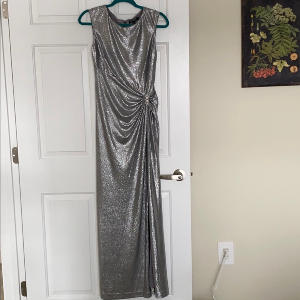 RALPH LAUREN floor length silver evening gown